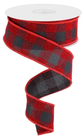 1.5"x10yd Glitter Velvet Check, Black/Red  FB4