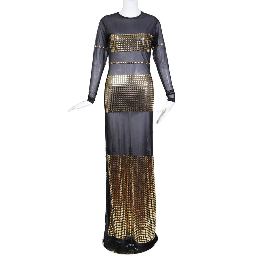 1990s Sheer Black and Gold Studded Gown