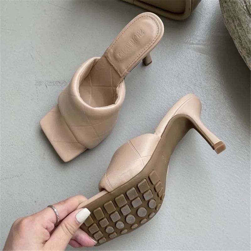 Amozae-2024 Women Summer 10cm High Heels Slides Mules Sandals Lady Pink Nude Slippers Luxury Brand Designer Stiletto Heels Fetish Shoes