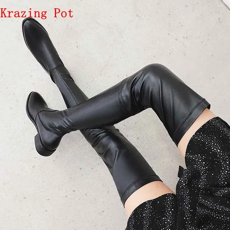 Amozae-Back to College Krazing Pot 2024 genuine leather round toe stretch over-the-knee boots thick heels superstar wear thin leg thigh high boots L3f1