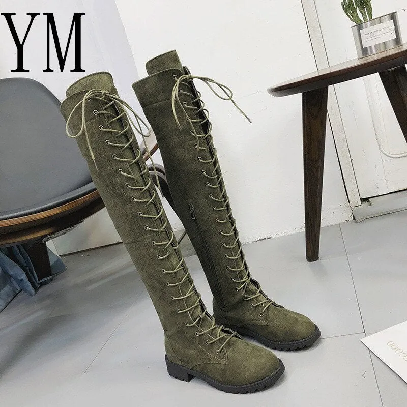 Amozae-Back to College   Lace Up Over Knee Boots Women Boots Flats Shoes Woman Square Heel Zipper Flock Boots Botas Winter Thigh High Boots Big 43