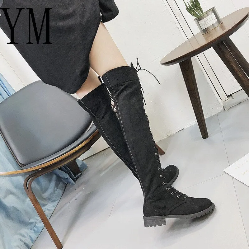 Amozae-Back to College   Lace Up Over Knee Boots Women Boots Flats Shoes Woman Square Heel Zipper Flock Boots Botas Winter Thigh High Boots Big 43