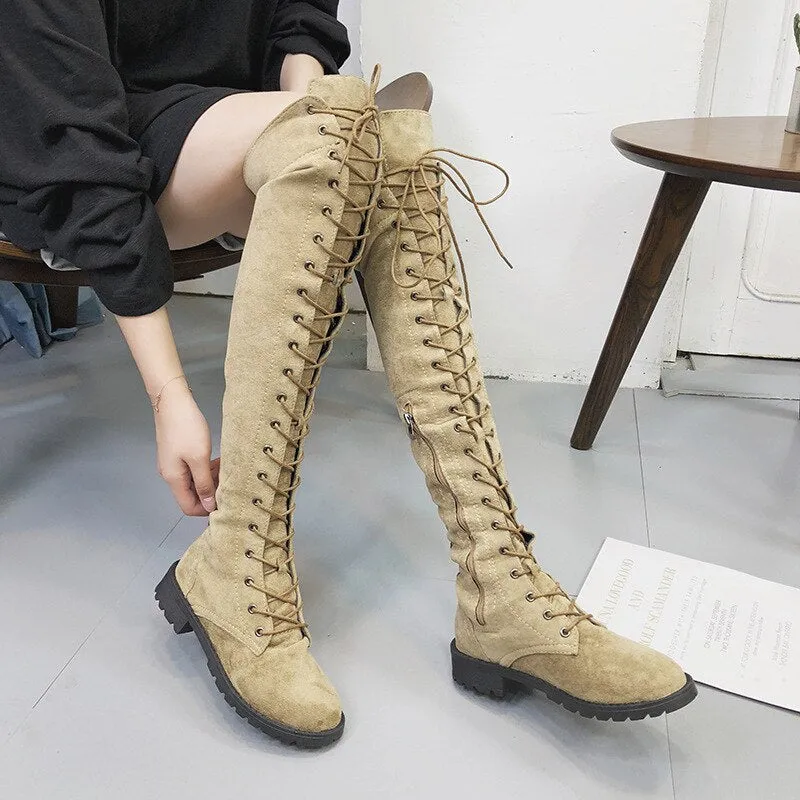 Amozae-Back to College   Lace Up Over Knee Boots Women Boots Flats Shoes Woman Square Heel Zipper Flock Boots Botas Winter Thigh High Boots Big 43