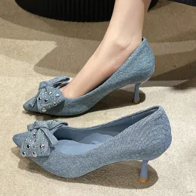 AMOZAE- - Denim Delight New Pointed Toe Rhinestone Bowknot High Heel Pumps