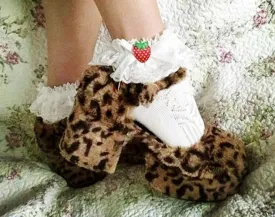 Amozae-- Fashion Round Toe Leopard Fuzzy Square Heels Marry Janes Pumps Buckle Strappy Sweet Cute Plush Spring Autumn Comfy Shoes Women A12