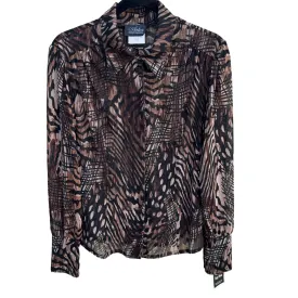 Artex Collection Womens Semi Sheer Button Up Brown Black Abstract Design Blouse