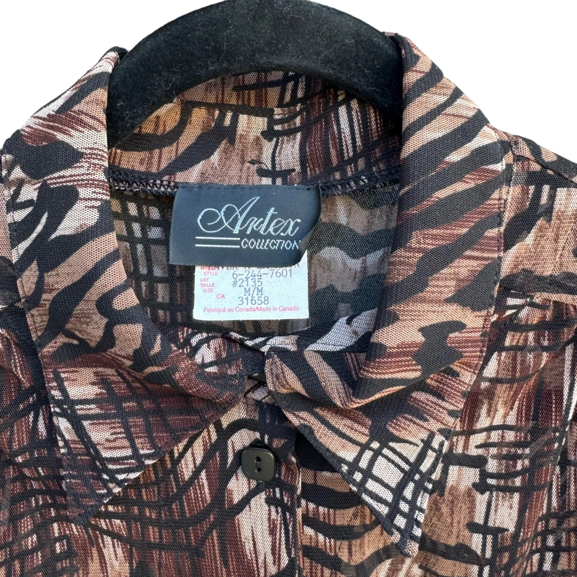 Artex Collection Womens Semi Sheer Button Up Brown Black Abstract Design Blouse