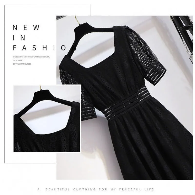 ARWEN& AJH GROUP 2024 New  مجموعة أروين Black French Square Collar Dress Women's Summer 2024 New Slimming Long Dress Hepburn Style Lace Small Black Dress