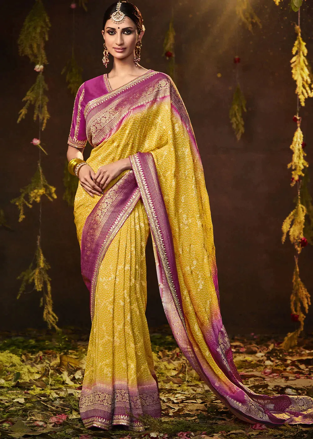 Aureolin Yellow Zari Weaving Georgette Silk Saree with Embroidery Designer Blouse