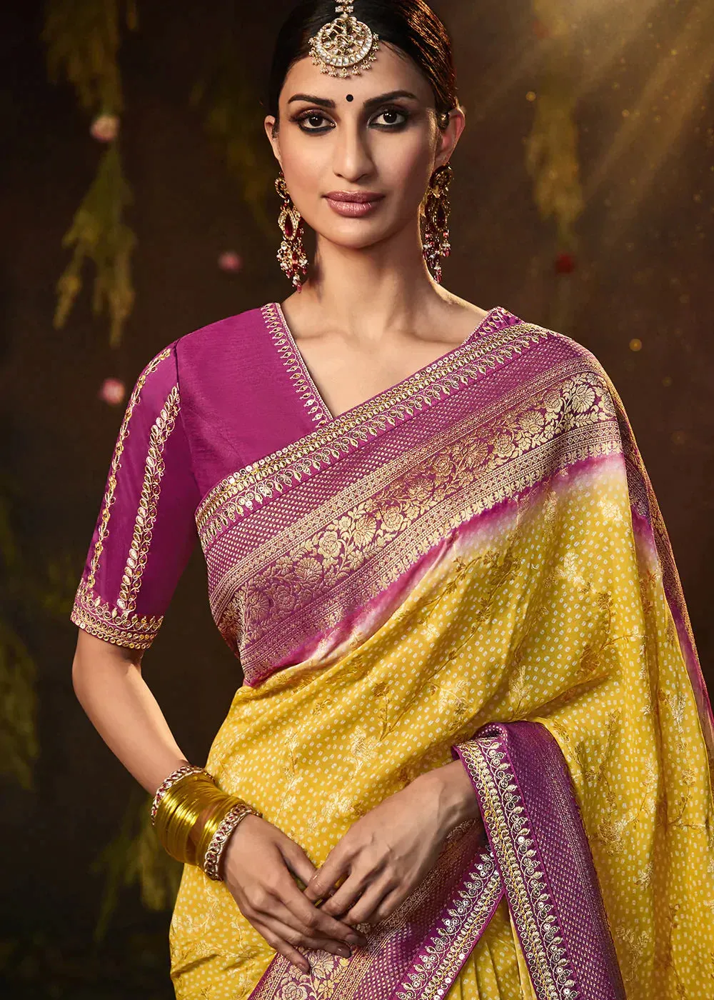 Aureolin Yellow Zari Weaving Georgette Silk Saree with Embroidery Designer Blouse