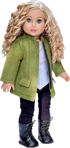 Autumn Stroll - 4 Piece Doll Outfit - Green Coat, White Blouse, Black Velvet Leggings, Black Boots