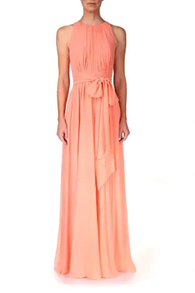 Badgley Mischka jewel neck sleeveless tie waist zipper closure georgette grecian gown