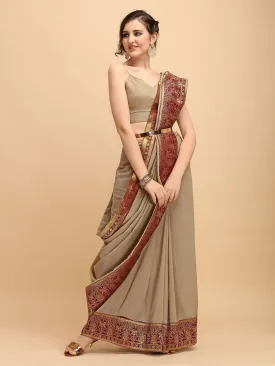 Beige Solid Saree with Brocade Border