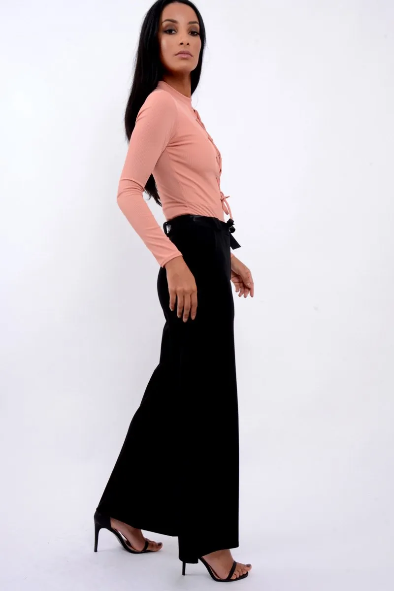 Black High Waist Flare Trousers with Black Sash Belt - Lila