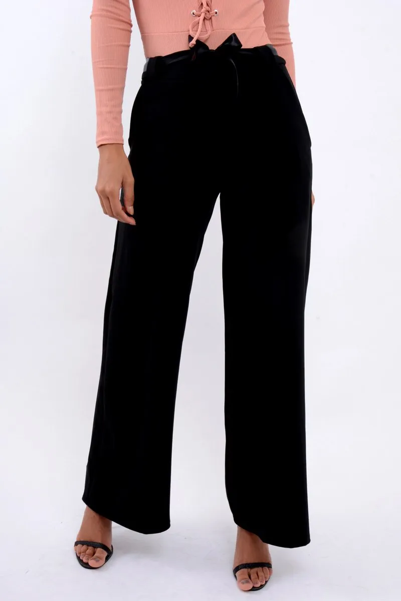 Black High Waist Flare Trousers with Black Sash Belt - Lila