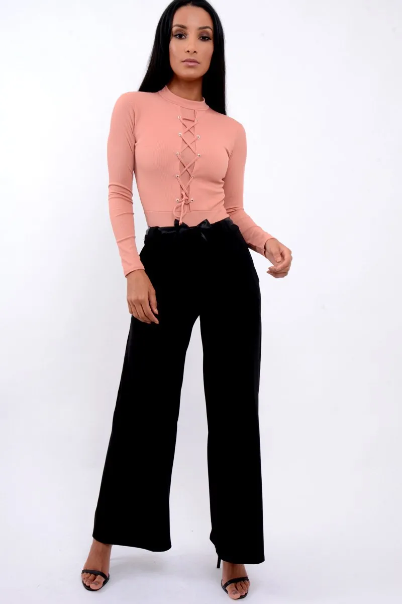 Black High Waist Flare Trousers with Black Sash Belt - Lila