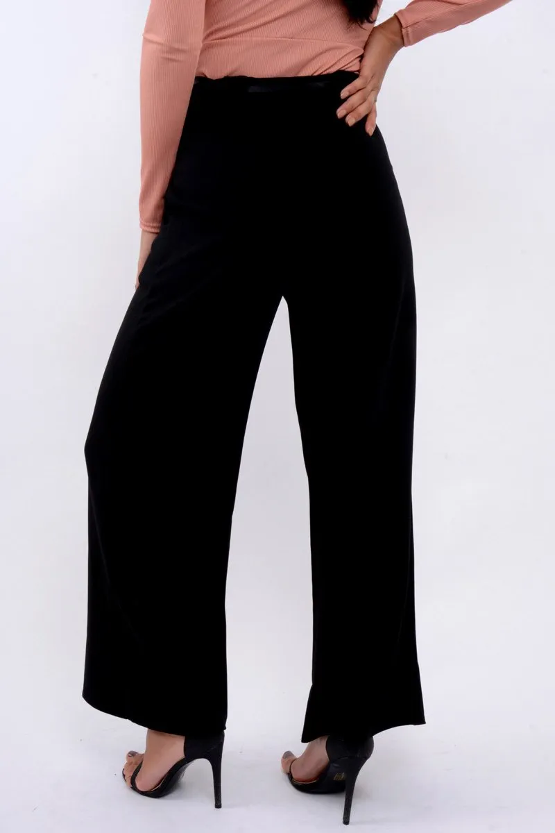 Black High Waist Flare Trousers with Black Sash Belt - Lila