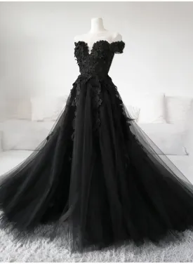 Black Off Shoulder Tulle Long Evening Dress Prom Dress Black Lace Formal Dress