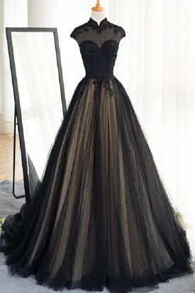 Black Tulle Cap Sleeves Floor Length Long Prom Dresses Luxury Dresses