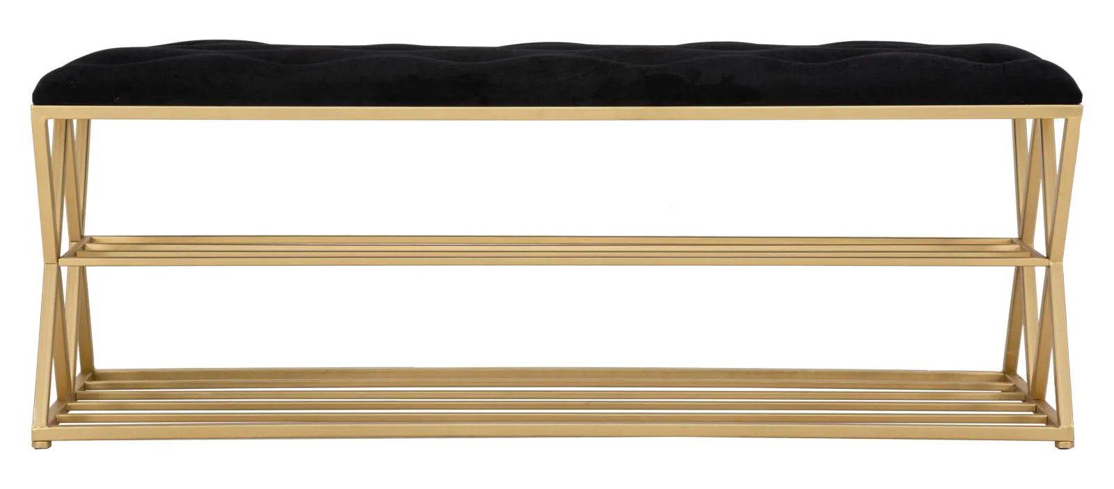 Black Velvet Bench with Golden Metal Stand & Shoe Shelf