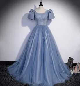 Blue Tulle Long Prom Dress, A Line Evening Gown