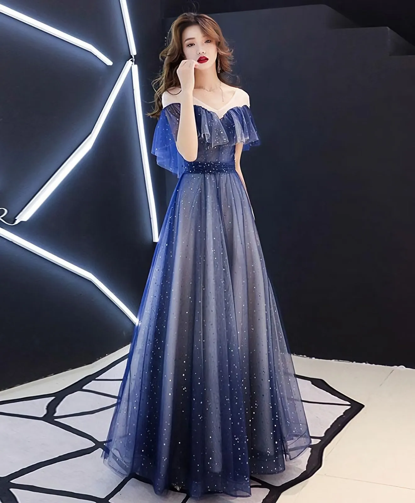 Blue V Neck Tulle Long Prom Dress Blue Tulle Evening Dress