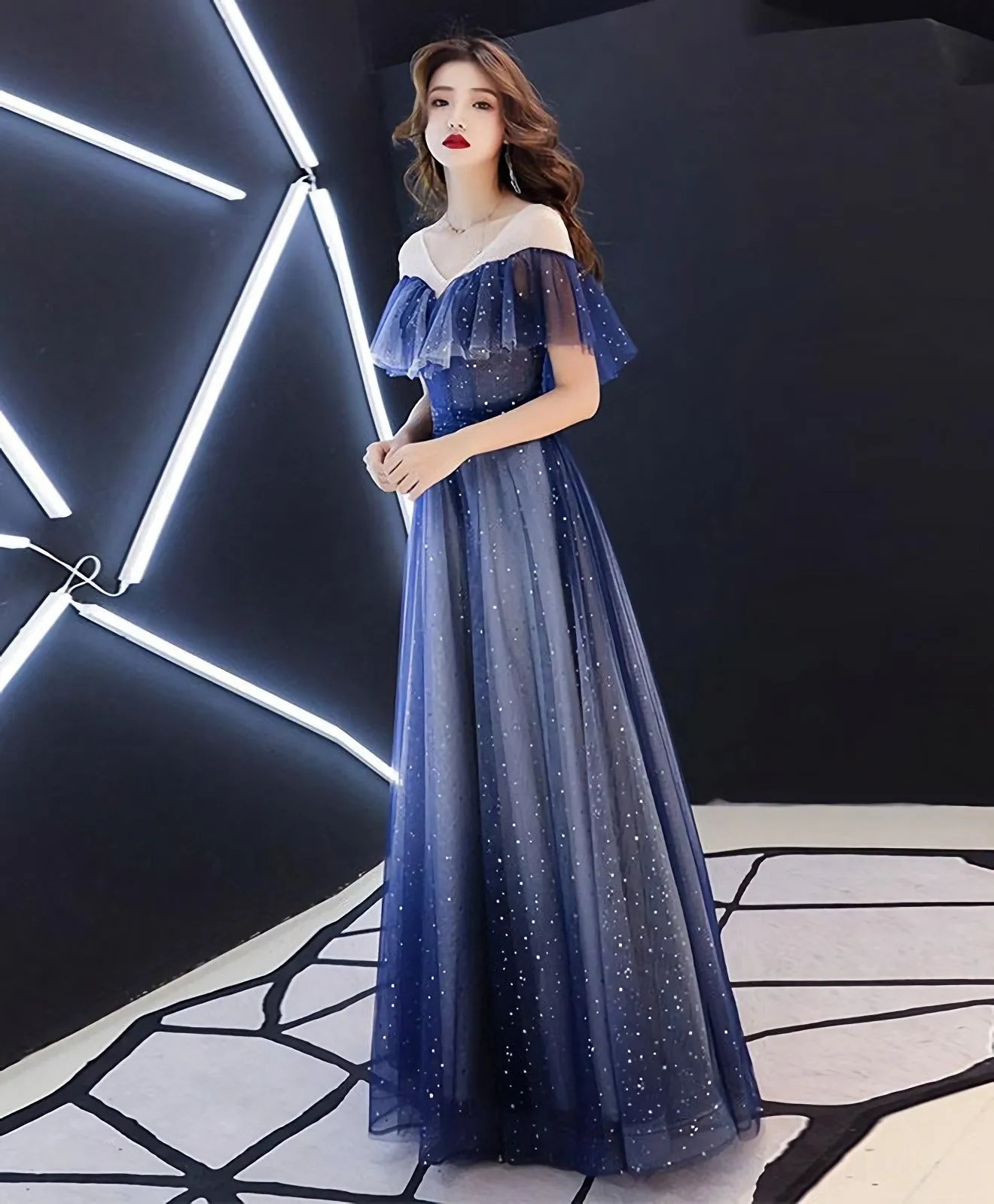 Blue V Neck Tulle Long Prom Dress Blue Tulle Evening Dress