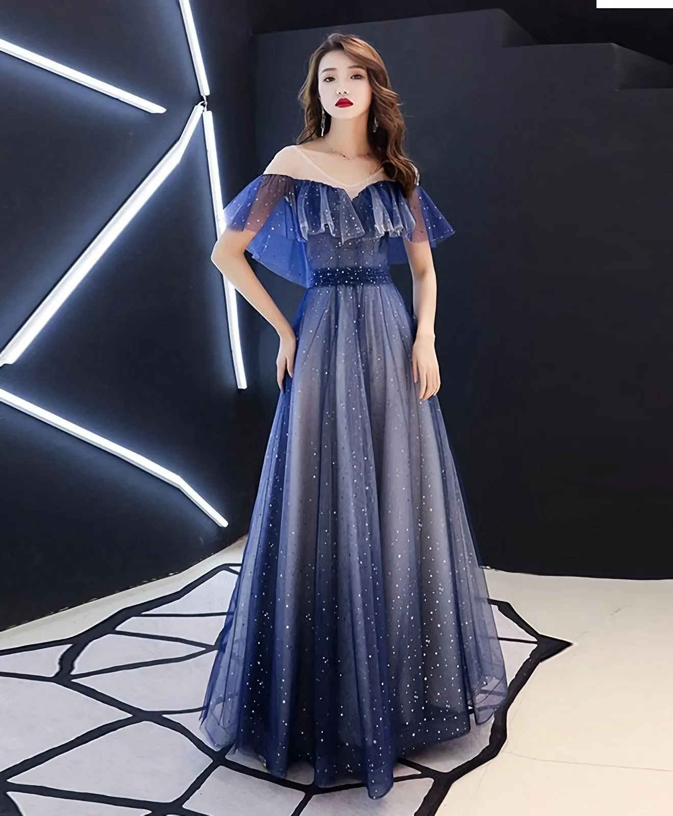 Blue V Neck Tulle Long Prom Dress Blue Tulle Evening Dress