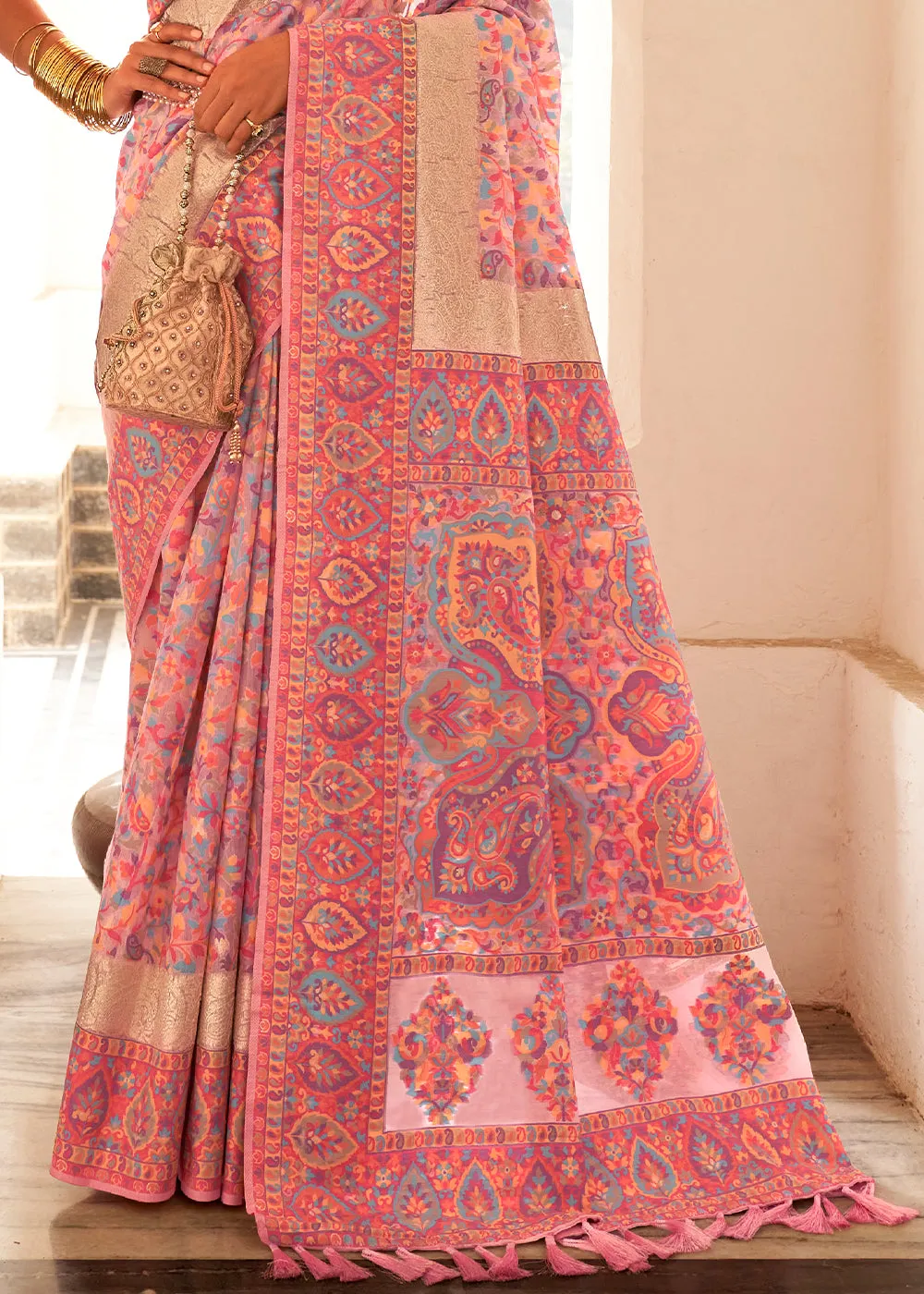 Brink Pink Banarasi Jamawar Kashmiri Woven Silk Saree