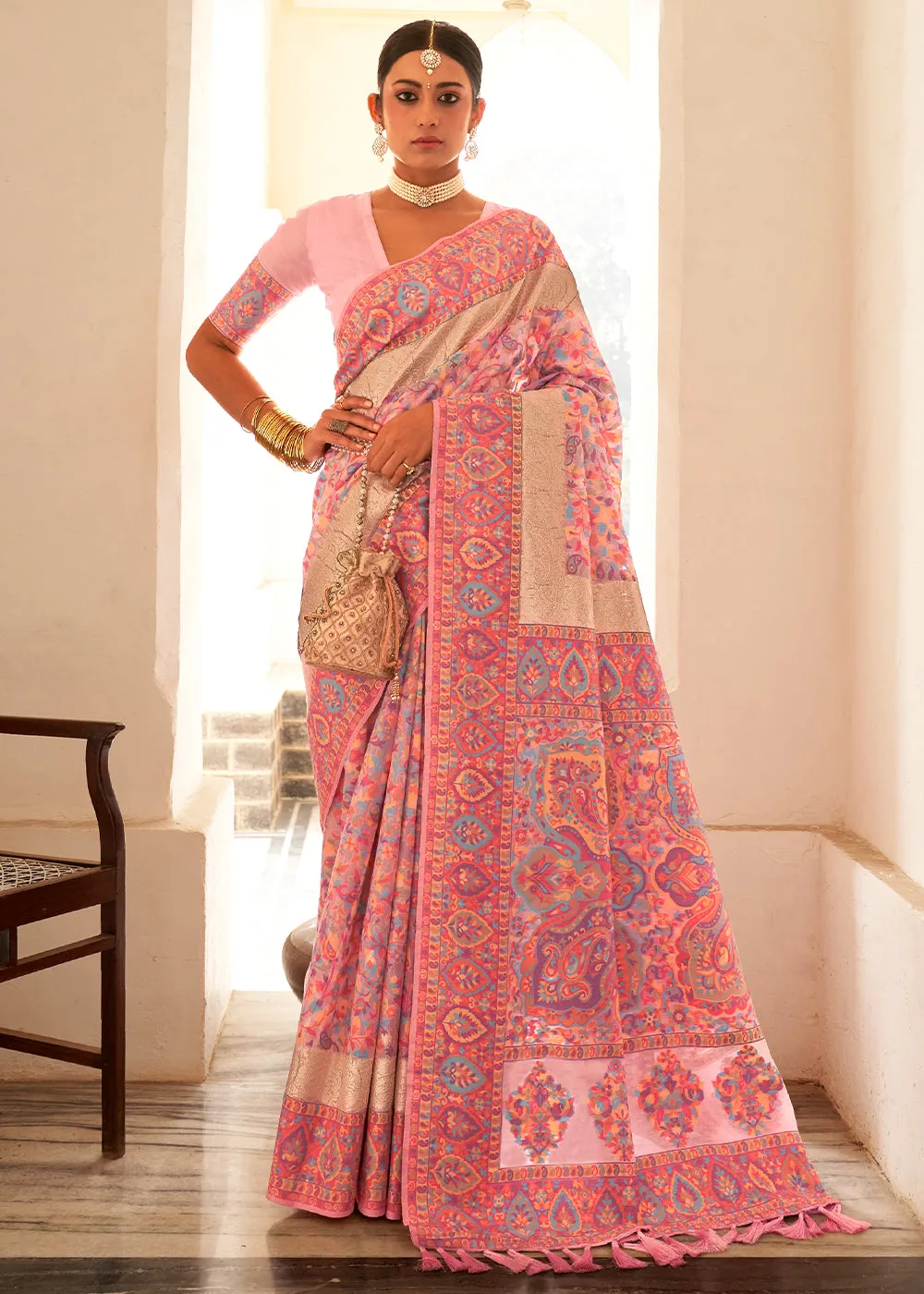 Brink Pink Banarasi Jamawar Kashmiri Woven Silk Saree