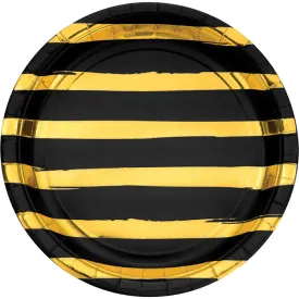 Bulk Black and Gold Foil Striped 8.75 inch Paper Dinner Plates (96 per Case)