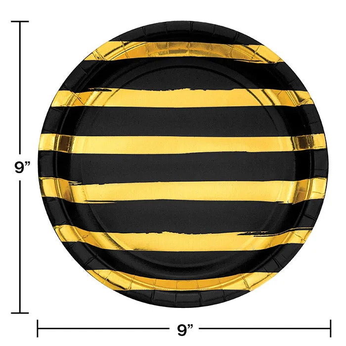 Bulk Black and Gold Foil Striped 8.75 inch Paper Dinner Plates (96 per Case)