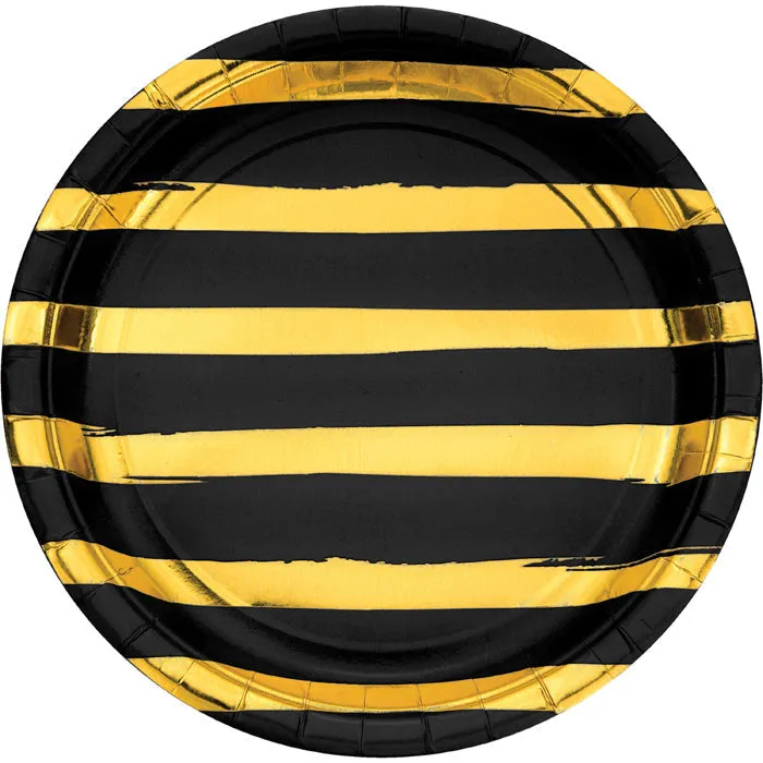 Bulk Black and Gold Foil Striped 8.75 inch Paper Dinner Plates (96 per Case)