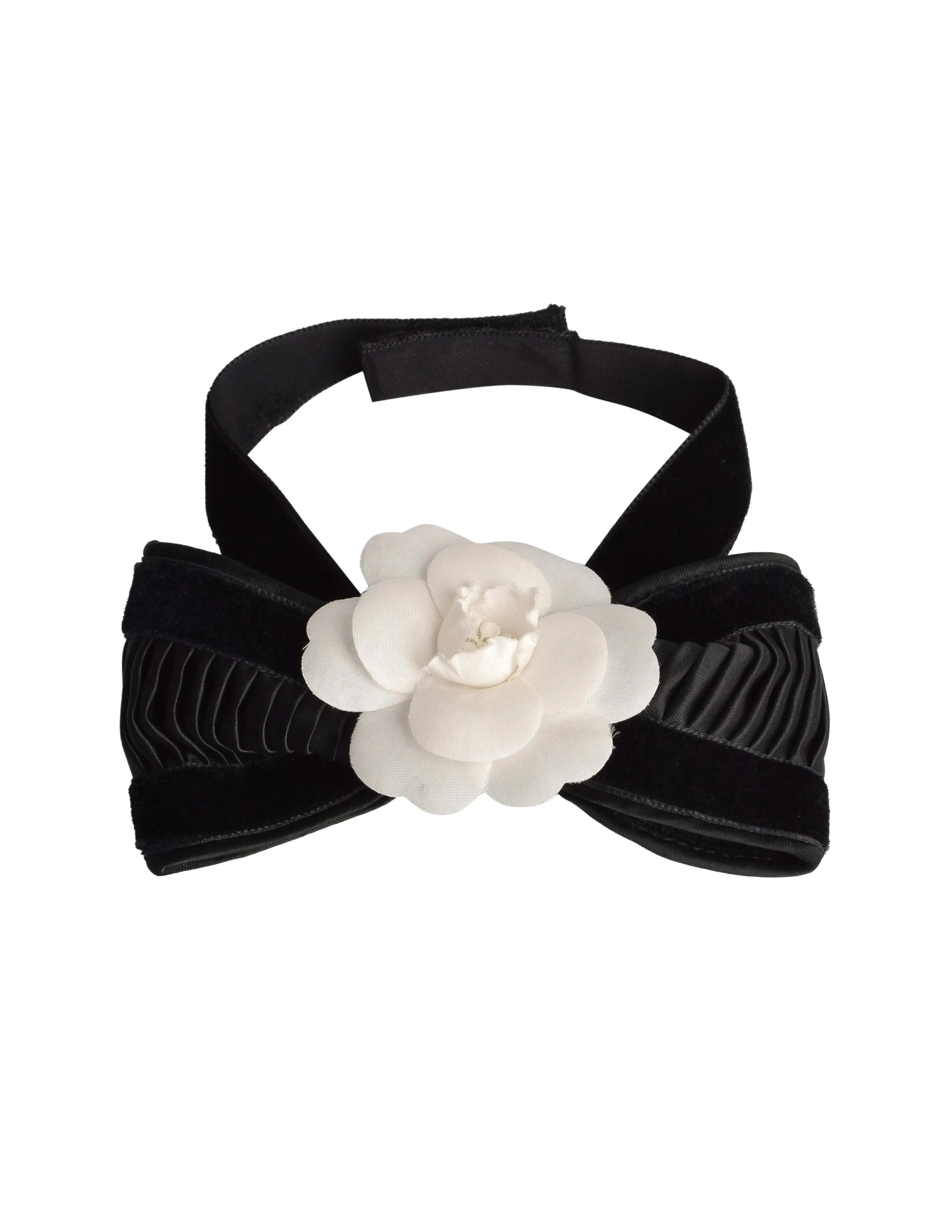 Chanel Vintage White Camellia Black Pleated Velvet Satin Choker Necklace