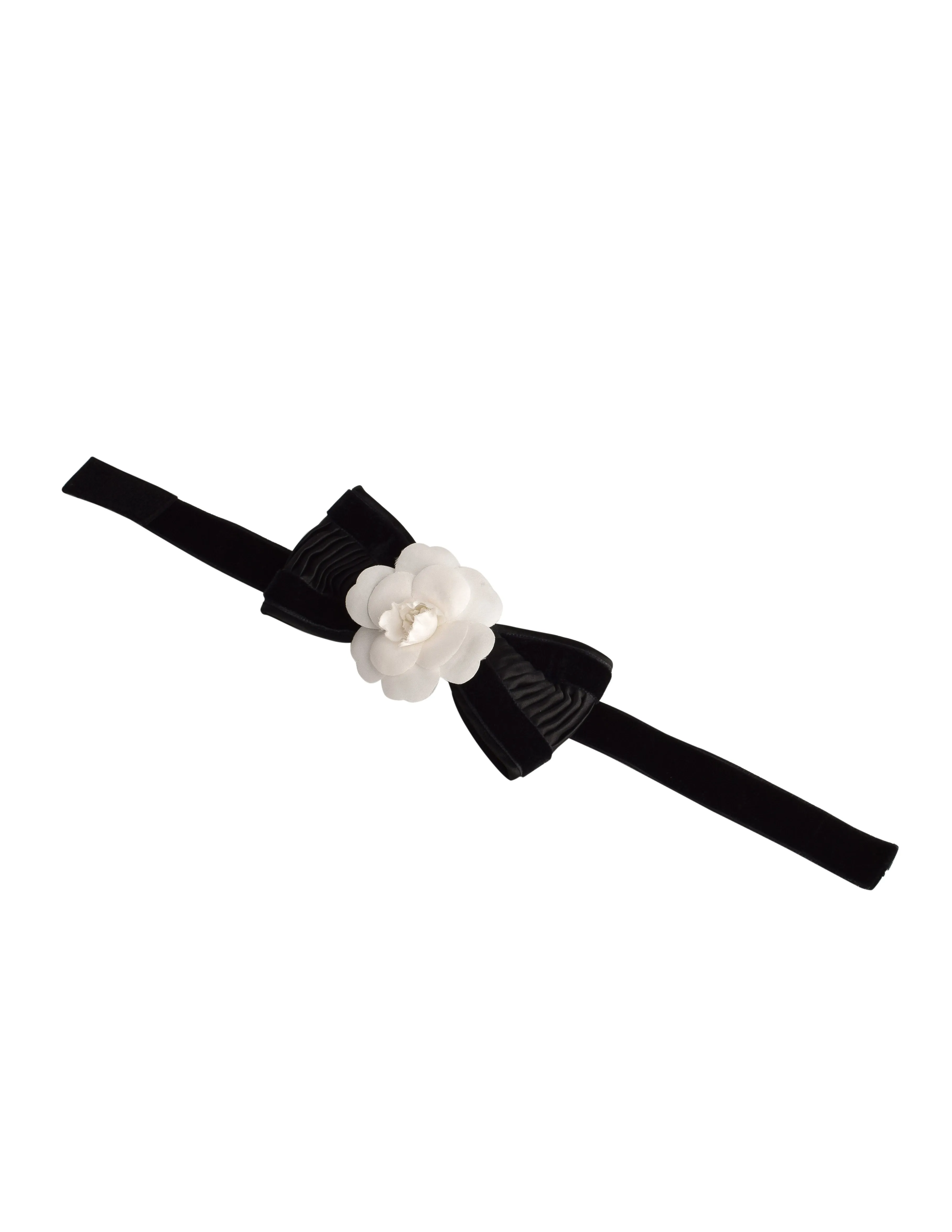 Chanel Vintage White Camellia Black Pleated Velvet Satin Choker Necklace