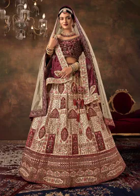 Chickoo Beige Velvet Hand Embroidered Bridal Lehenga Choli