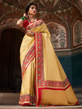 Cream Silk Embellished Saree