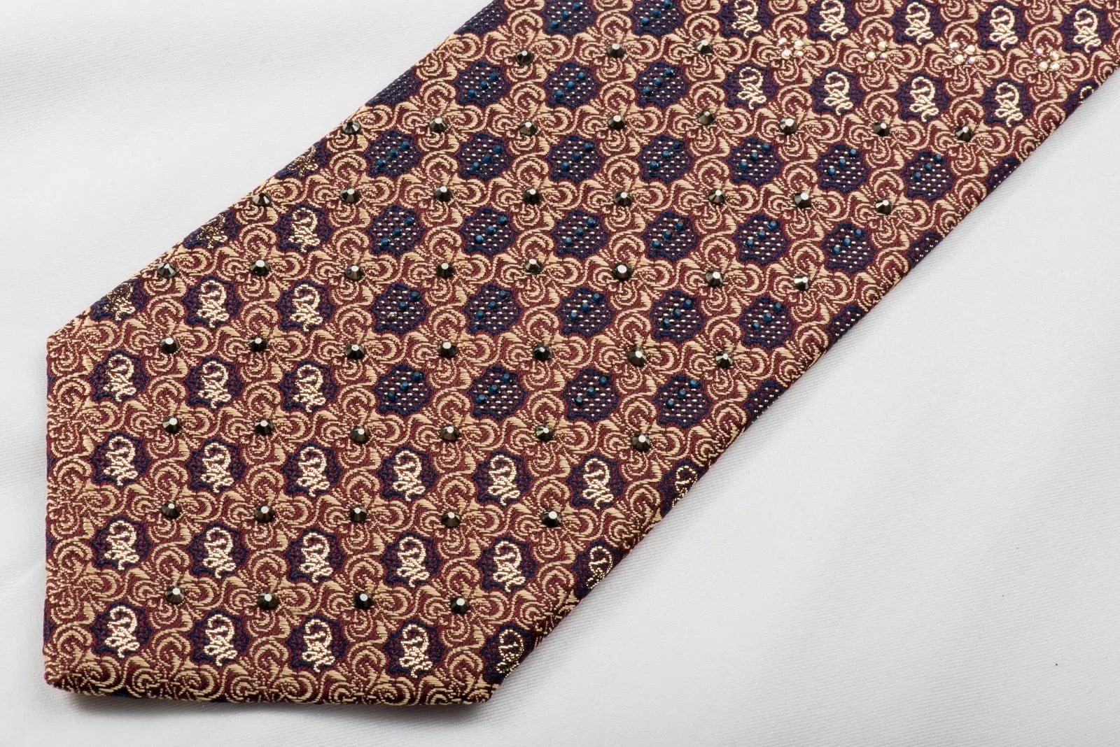 Danie Hechter Rhinestone Silk Necktie Golden Cartouche On Burgundy With Sparkles