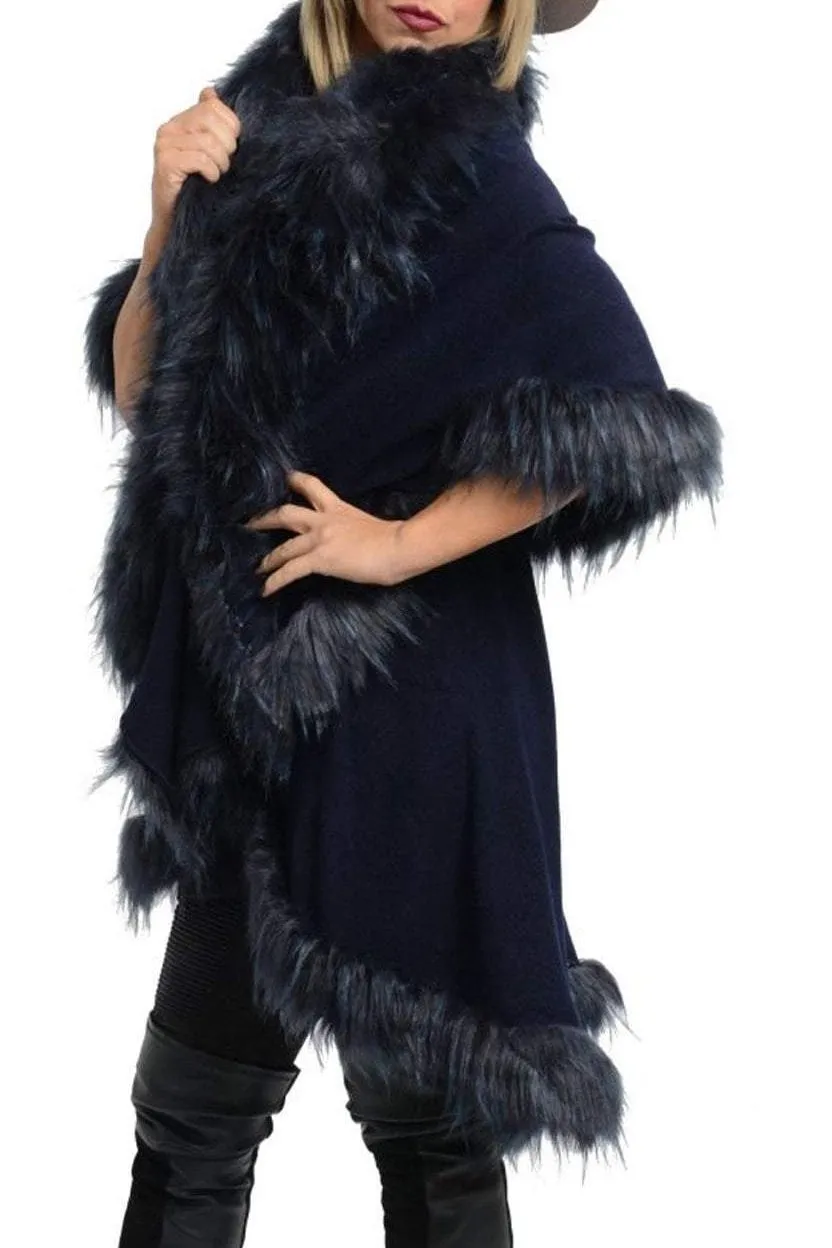 Double Layered Faux Fur Trim Poncho