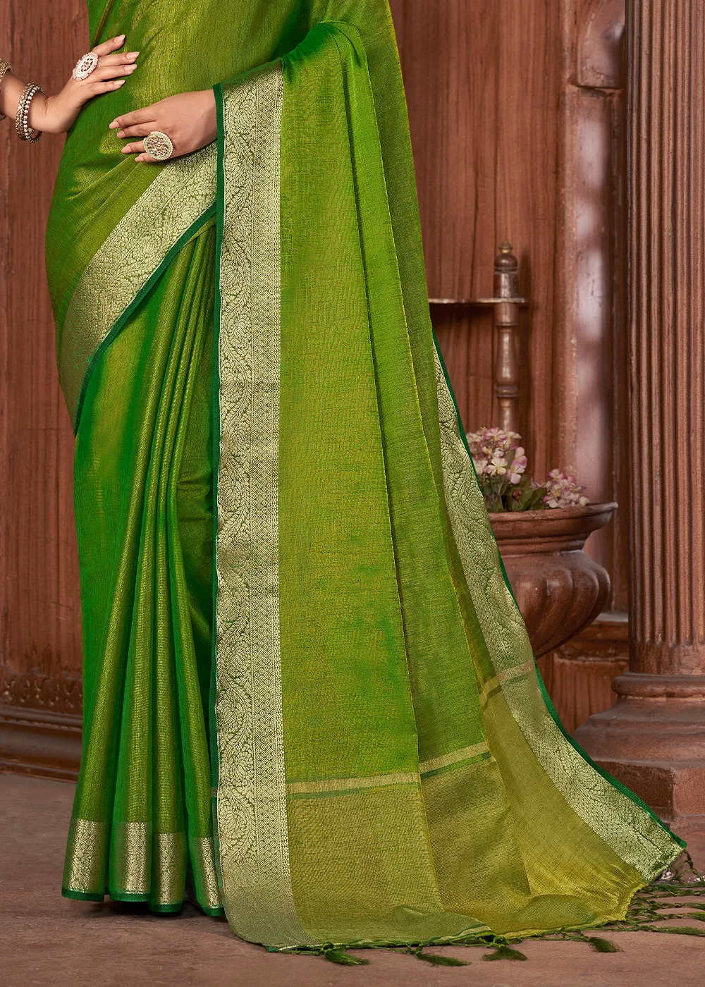 Emerald Green Zari Woven Tussar Silk Saree