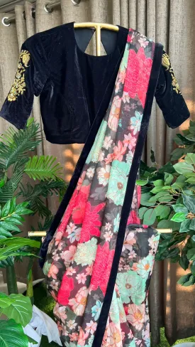 Floral organza saree with black handwork blouse