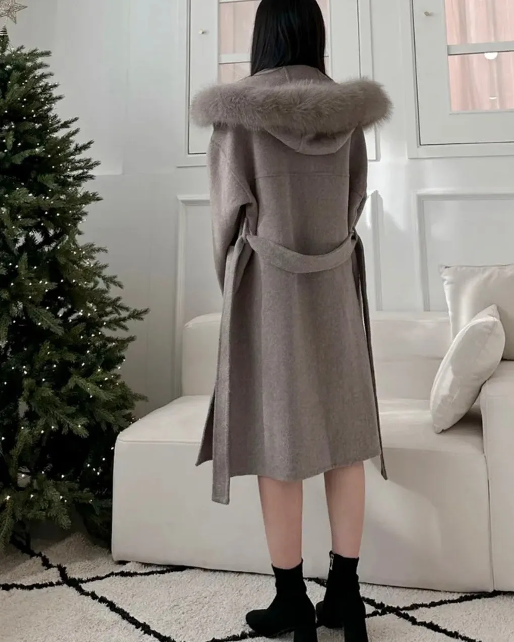 Fur Hoodie Handmade Wool Coat - 100% Wool