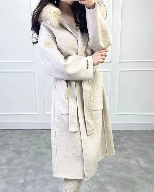 Fur Hoodie Handmade Wool Coat - 100% Wool