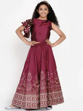 Girls Burgundy & White Block Print Ready To Wear Lehenga With Choli