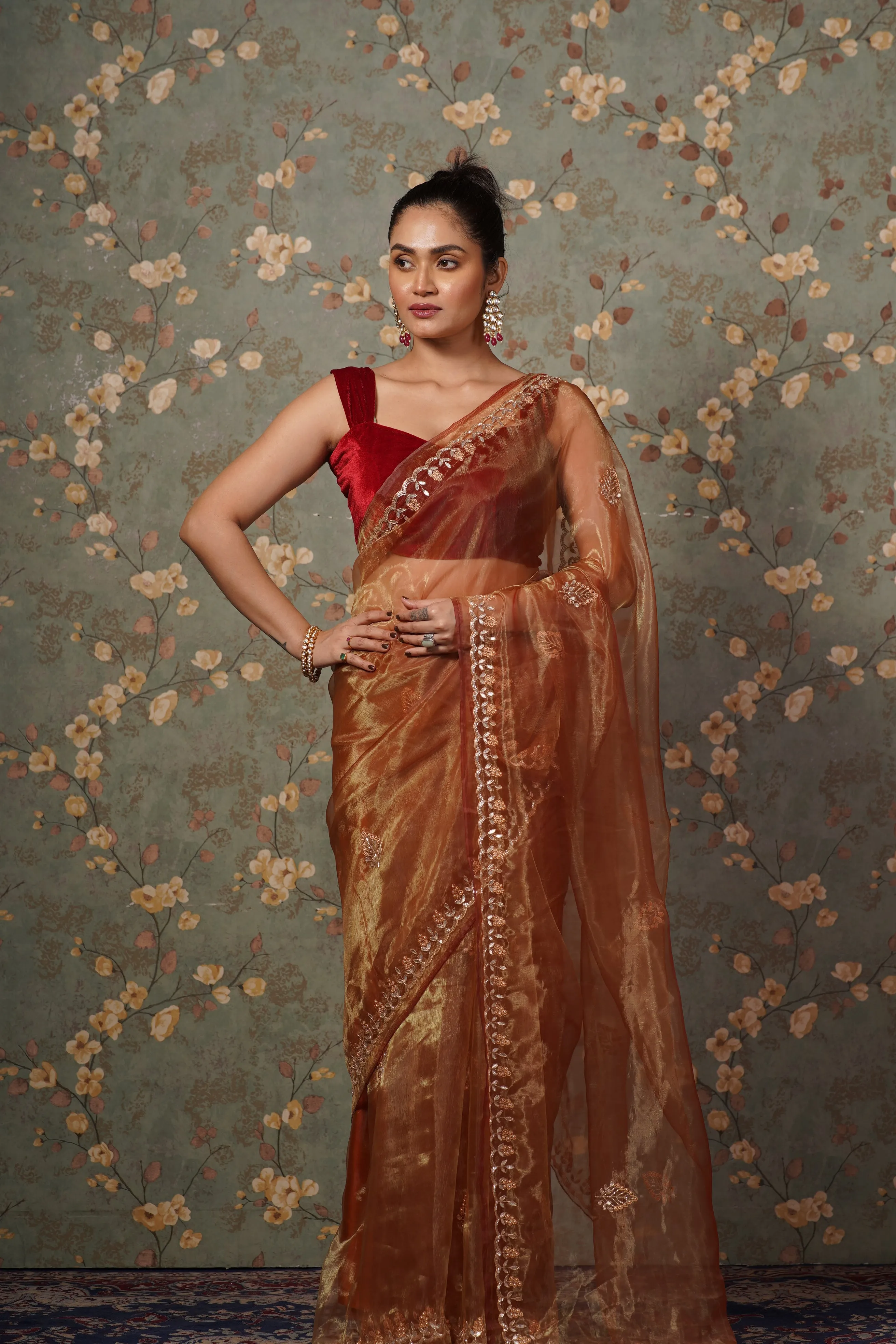 Golden Auburn Glass Tissue Gota patti Saree