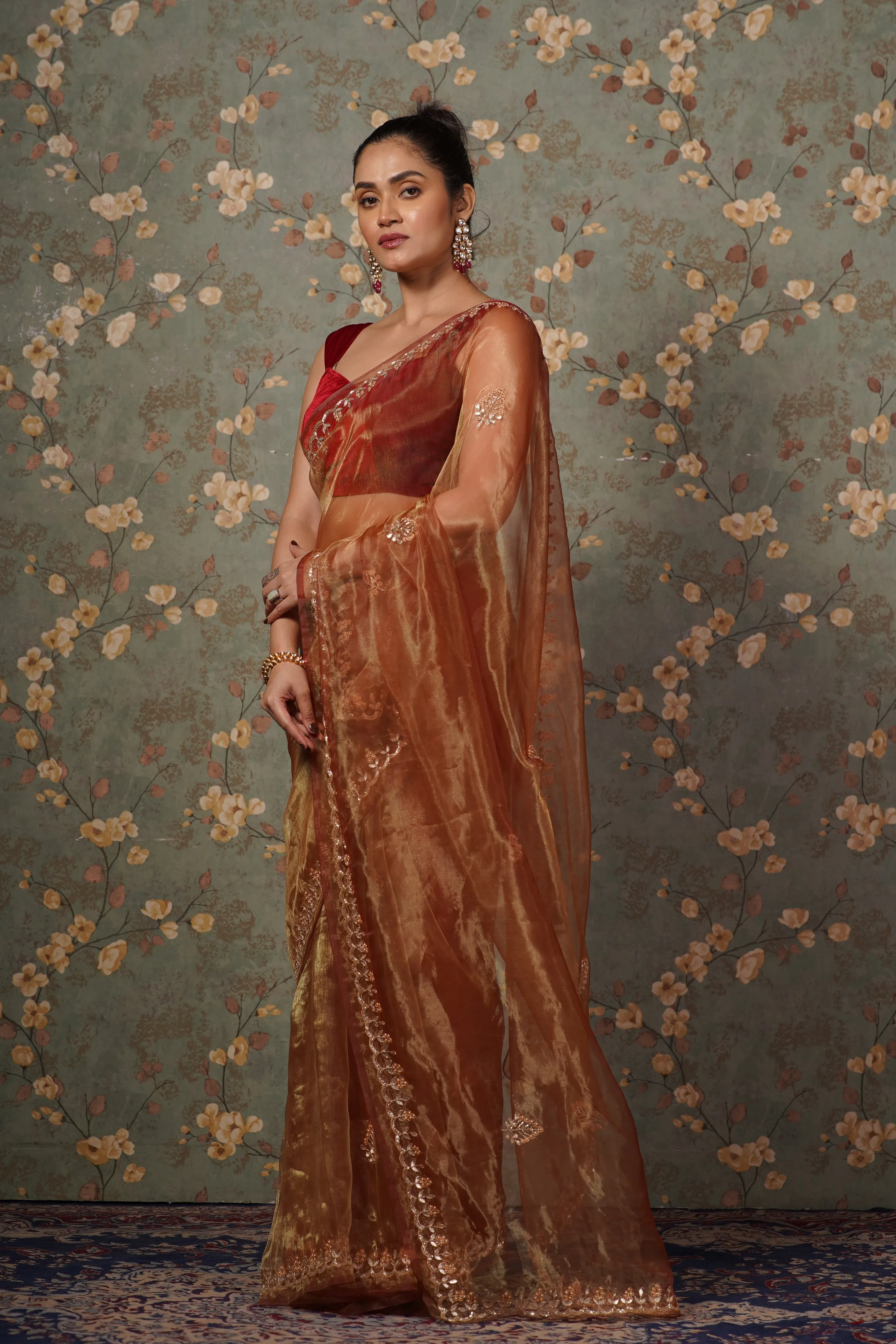 Golden Auburn Glass Tissue Gota patti Saree