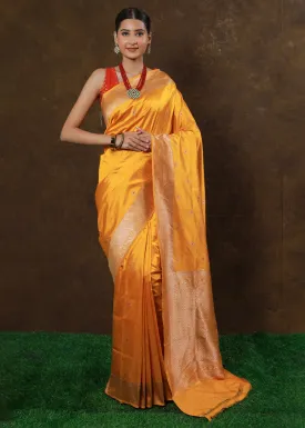 Golden Yellow Hand Woven Pure Katan Silk Saree