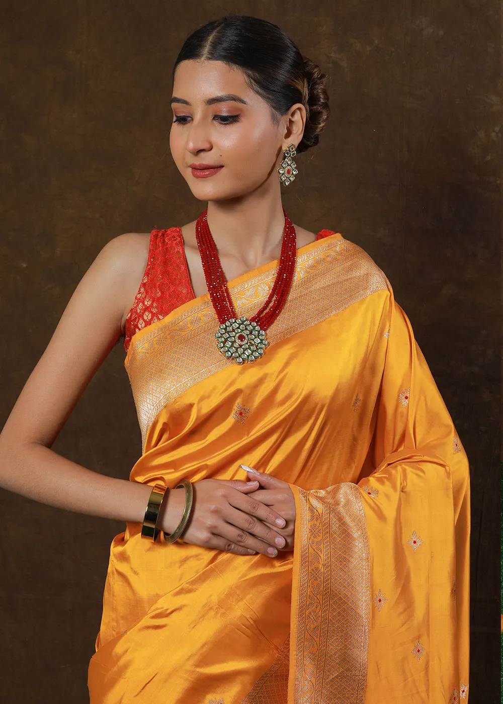 Golden Yellow Hand Woven Pure Katan Silk Saree