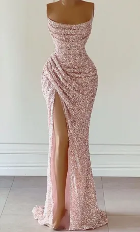 Gorgeous Pink Sequined Sleeveless Prom Dress With Slit