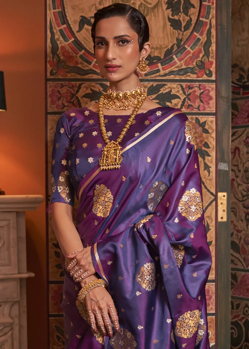 Grape Purple Copper Zari Woven Satin Silk Saree